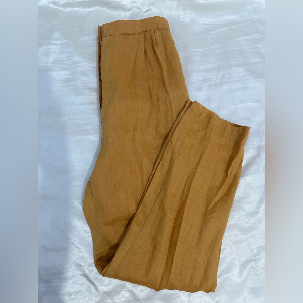 Straight leg mustard pants.